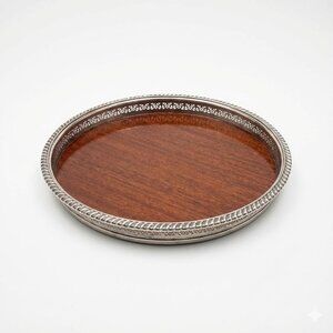 Cocktail Tray Silver Plated Round Reticulated Rim Cresent Vintage Faux wood grai